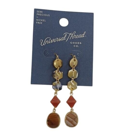 Universal Thread Gold Brown Stone Drop Earrings Nickel Free Semi Precious - Picture 1 of 4